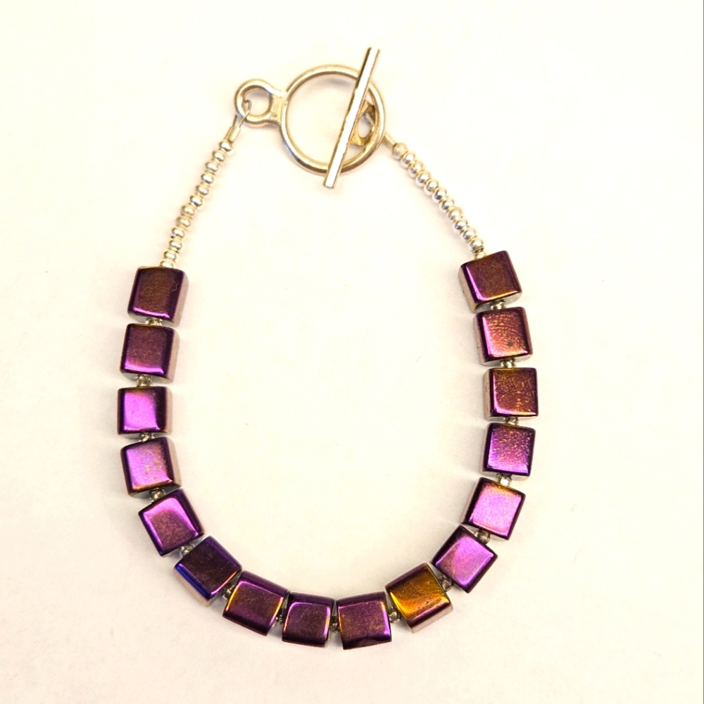Handmade Dark Purple and Silver Beaded Bracelet
